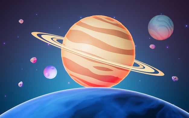 Cartoon style planet in the outer space 3d rendering