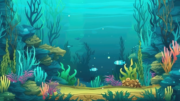 cartoon vibrant underwater scene with colorful corals seaweed and fish