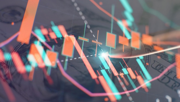 Charts of financial instruments with various type of indicators including volume analysis for professional technical analysis on the monitor of a computer