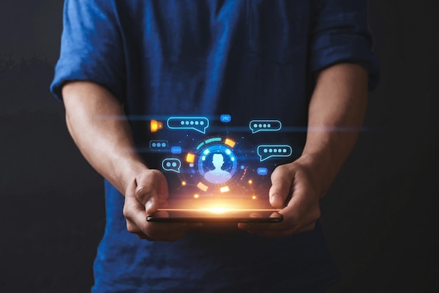 Chat Bot Chat with AI or Artificial Intelligence technology man using a laptop computer chatting