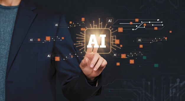 Chatbot artificiell intelligens digital kundtjänst app koncept Man använder dator