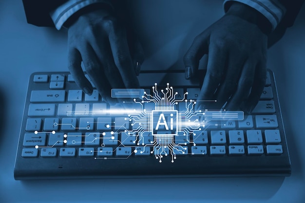 Chatbot Chat with AI Artificial Intelligence man using technology smart robot AI artificial intelligence by enter command prompt for generates something Futuristic technology transformation