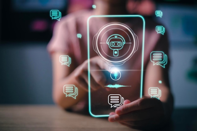 Chatbot Chat with AI Artificial Intelligence man using technology smart robot AI artificial intelligence by enter command prompt for generates something Futuristic technology transformation