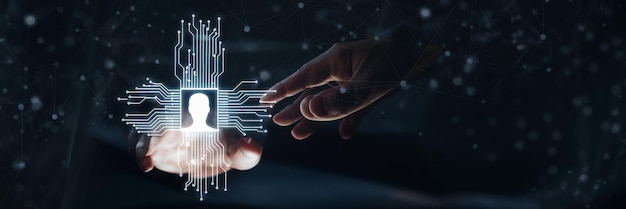 Chatbot, kunstig intelligens, digital kundeservice app koncept. Mand bruger computer