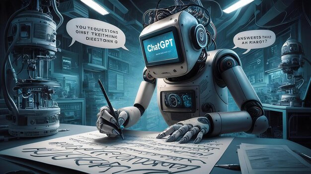 Chatgpt ai robot answering questions and writes on paper generative ai