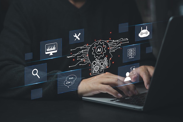 ChatGPT Chat with AI or Artificial Intelligence Digital chatbot robot application OpenAI generate Futuristic technology Man using laptop computer on virtual screen