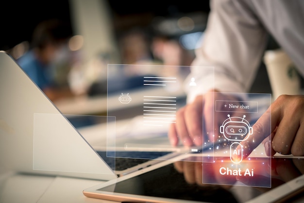Chattbotsamtal AI, artificiell intelligensteknik, online-kundtjänst. Digital chattbot-robotapplikation OpenAI genererar futuristisk teknik, virtuell assistent på internet