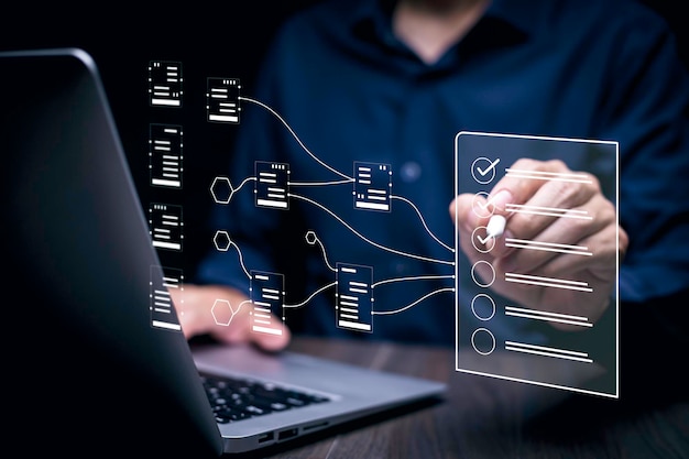 Checklist and clipboard task documentation management Online survey form checklist by laptop computer Document Management Checking System online documentation database and process manage files