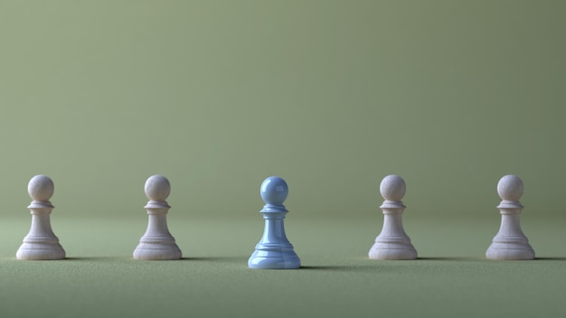 Chess pawns made of wood are lined up with shiny blue pawns in front the concept of leadership