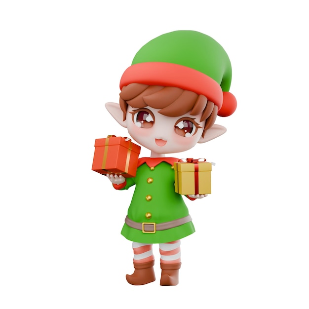 Chibi elf both hand hold gift