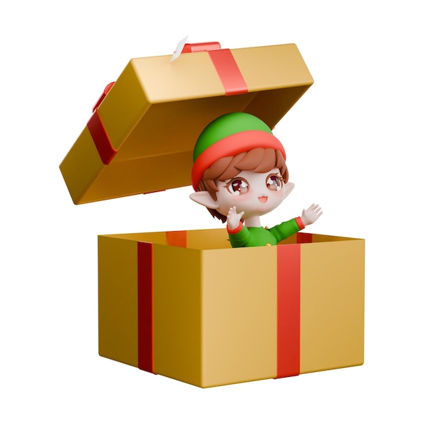 Chibi elf stands inside a large gift