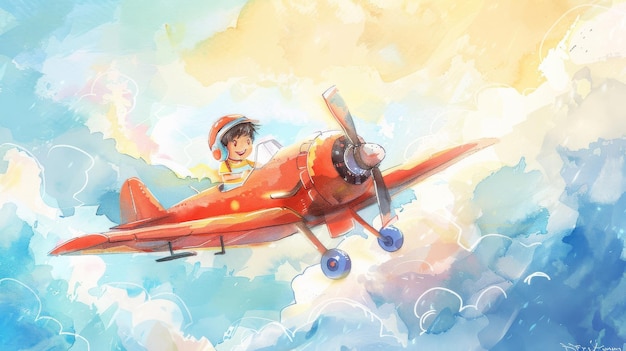 child flying in red plane watercolor illustration