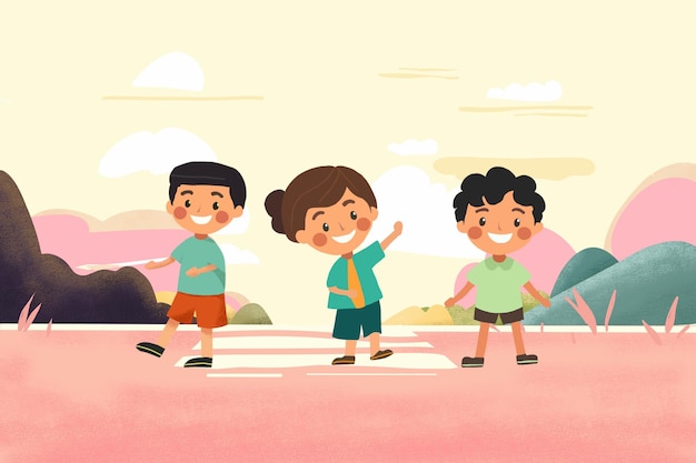 Children having fun together Positive joyful little Childs rejoicing Flat vector illustration