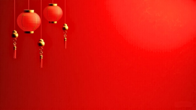 Chinese New Year Background with Red Lanterns and Blossom Flowers