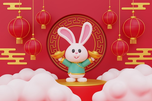 Chinese new year banner 3D cute rabbit holding gold with festive lanterns hanging on red background Chinese Festivals Lunar CYN 2023 Year of the Rabbit 3d rendering