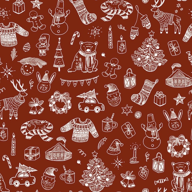 Christmas seamless pattern with hand drawn doodle elements Vector illustration