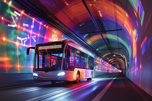 City bus moves through a vibrant illuminated tunnel with dynamic light patterns on the walls