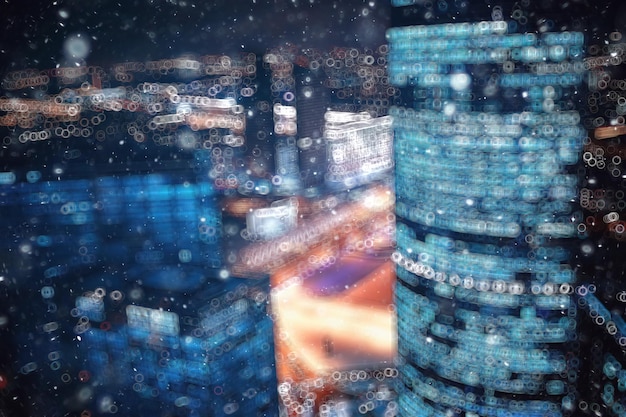 city lights snow glow background blurred / cityscape blurred bokeh, snowy weather seasonal background winter December