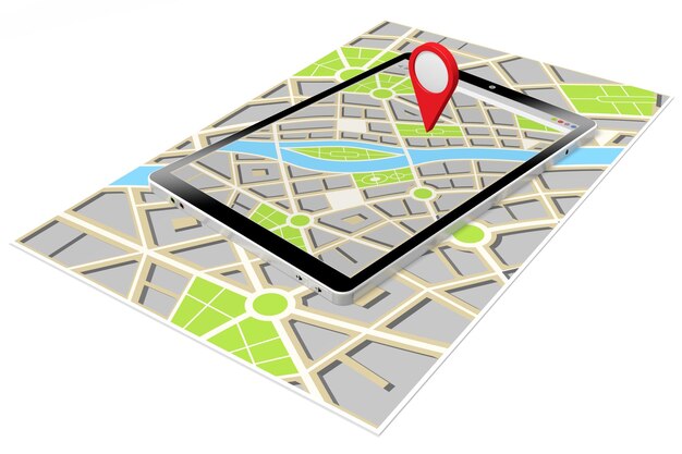 City map and destination pins on a smartphone 3D illustration