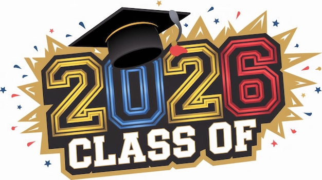 class of 2026 neon graduation emblem with tossed cap and confetti