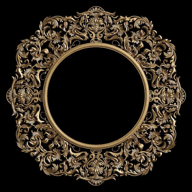 Classic golden round frame with ornament decor  on black wall