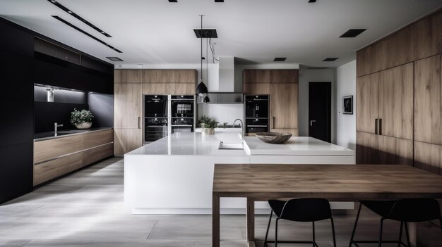 Clean lines and open spaces in minimalistic kitchen AI generated