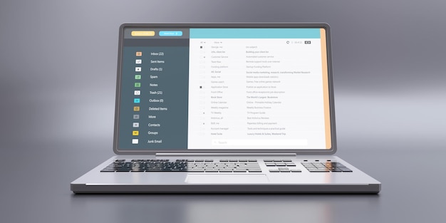 client mail list on computer laptop screen isolated on grey front view email message communication