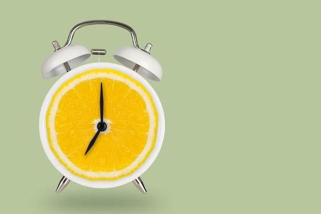 Clock made with lemon against green background