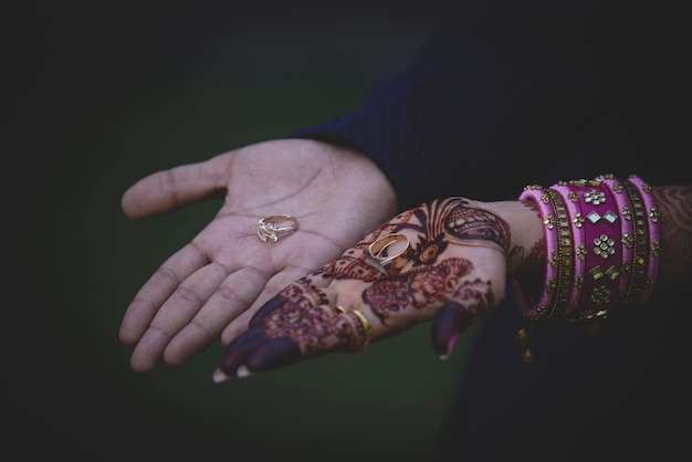 Close-up of bride and groom holding wedding rings