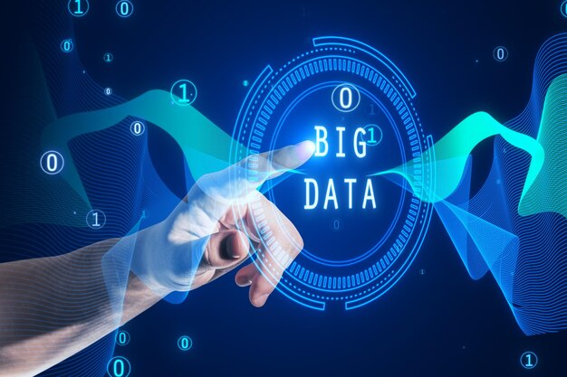 Close up of businessman hand pointing at abstract round big data hologram with binary code on dark background Stream information filtering machine algorithm concept