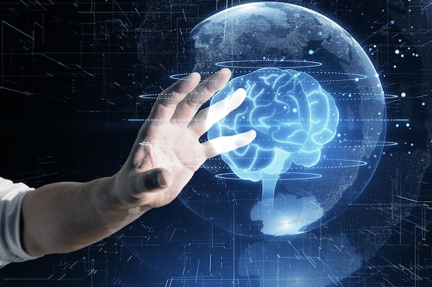 close up of businessman hand using creative glowing polygonal brain sphere hologram on blurry background neurology research artificial intelligence concept double exposure