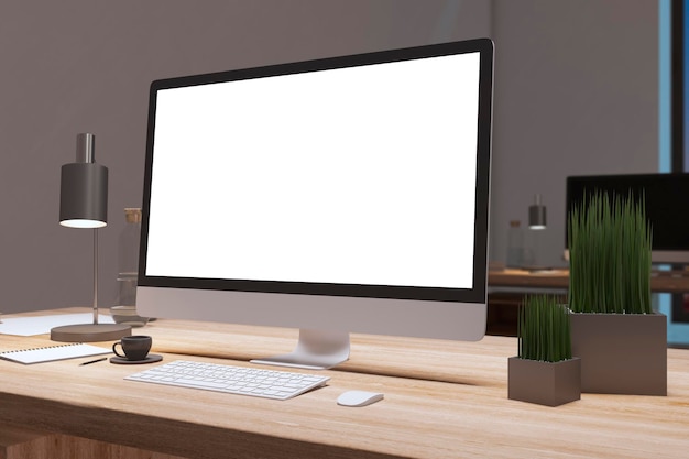 Close up of designer office desktop with empty white computer monitor decorative items and supplies Mock up 3D Rendering