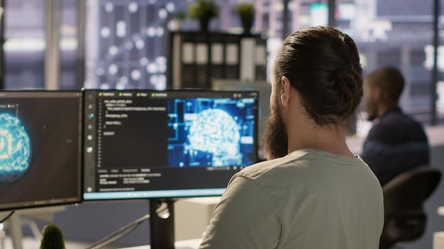 close up of employee working with ai deep neural networks
