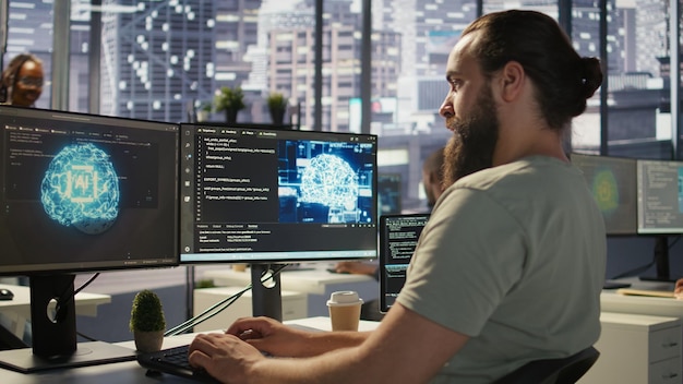 close up of employee working with ai deep neural networks