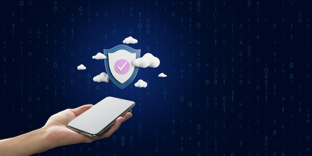 Close up of female hand holding mobile phone with digital shield and clouds on dark blue background with binary coding and mock up place Secure online payment and data guard concept