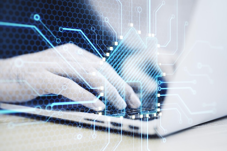 Foto close up of hands using laptop keyboard with abstract glowing house chip hologram on blurry background smart home ai and information concept double exposure