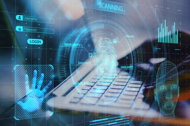 close up of hands using laptop with abstract glowing finger scanning hologram on dark background fingerprint and identity concept double exposure