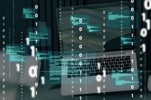 Close up of laptop computer with abstract coding binary code hologram Artificial intelligence and development concept Double exposure
