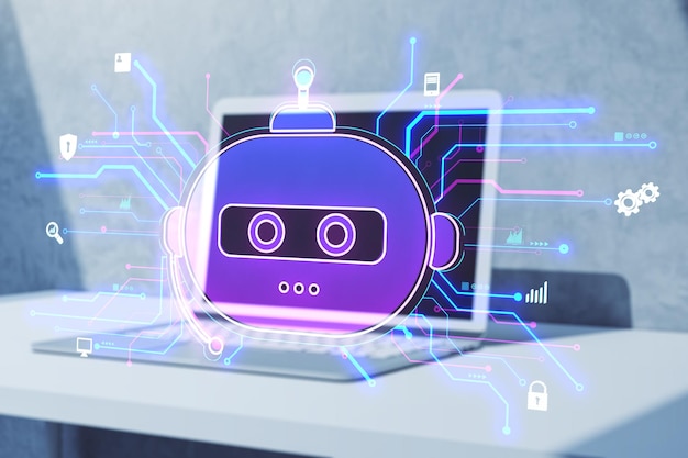 close up of laptop on desk with creative robot hologram on blurry background chat gpt and ai customer support and bot concept double exposure