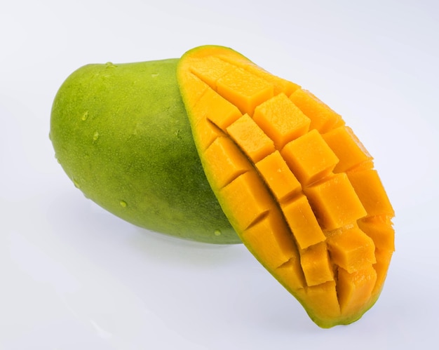close-up of mango against white background
