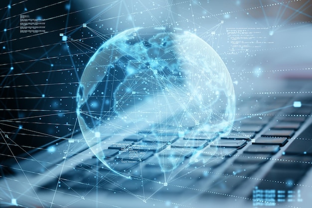 Close up of notebook with abstract globe sphere with coding and polygonal network Future technology and digital world concept Double exposure