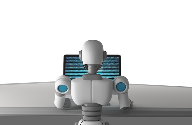 Close-up of robot using computer on table against white background