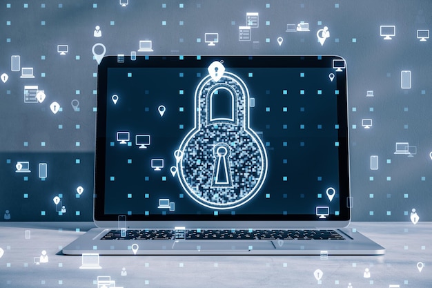 Close up of table with laptop and creative digital padlock hologram and pixel icons on blurry blue background Secure safety and technology concept 3D Rendering
