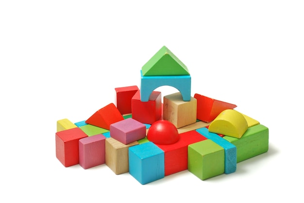 close-up of toy blocks against white background