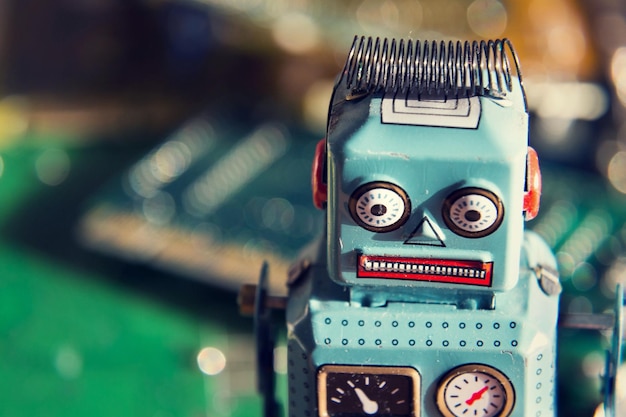 close-up of toy robot on table