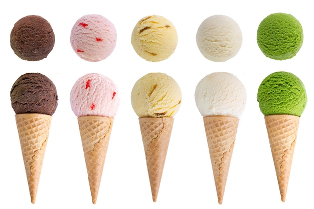 Close-up of various ice cream cones against white background