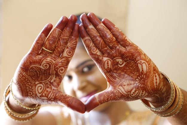 Close-up of woman hands in henna tatoos
