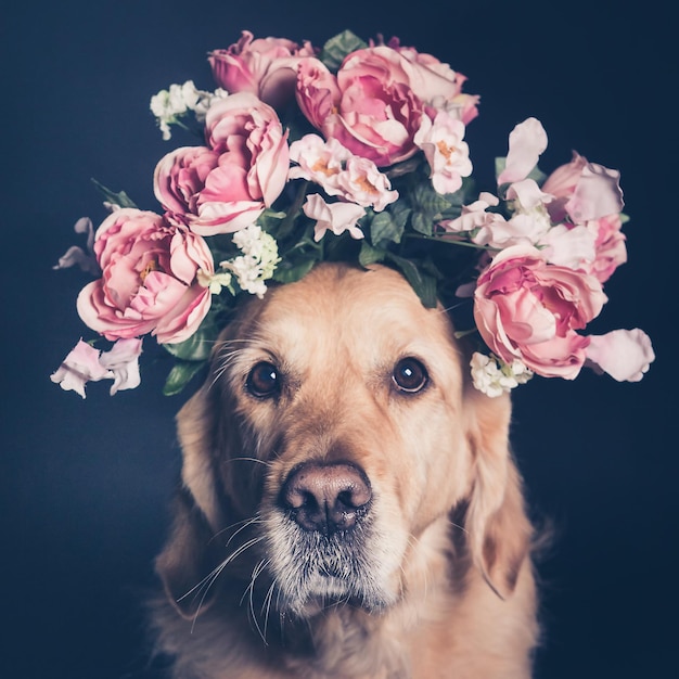 close-up portrait of dog wearing roses against black background