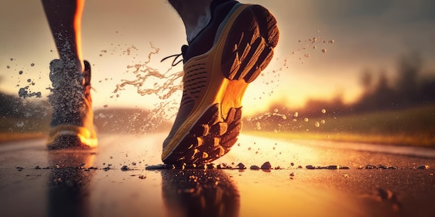 Close up view of runner sport shoes sprint running on track
