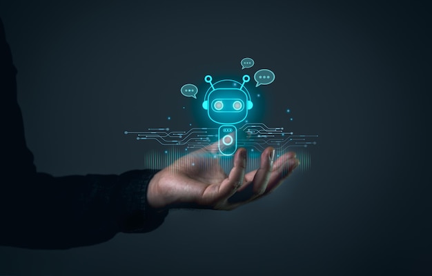 Closeup Businessman hand holding digital chatbot chat robot application conversation assistant AI Artificial Intelligence concept digital chatbot virtual screen Automatic AI